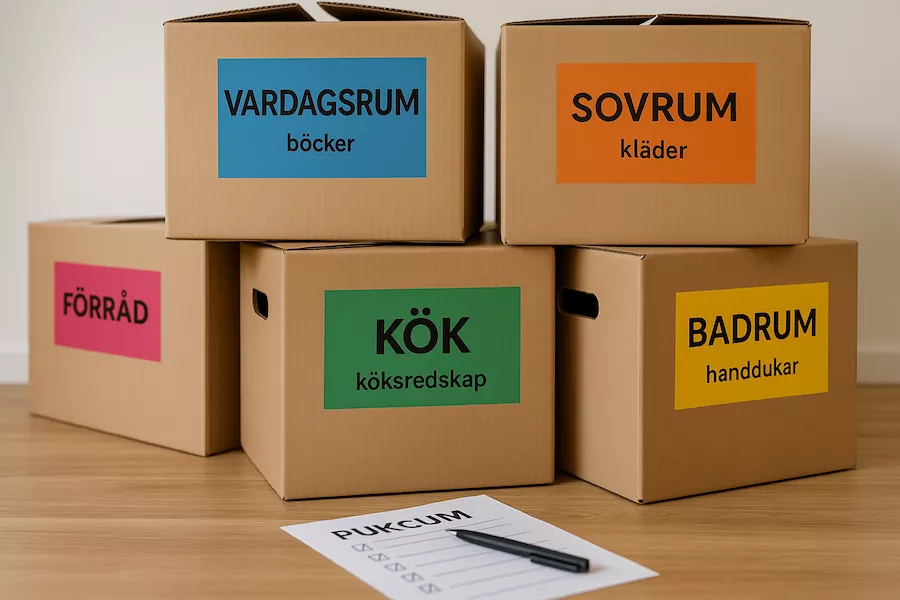 Färgkodade flyttkartonger märkta med rum och innehåll inför uppackning